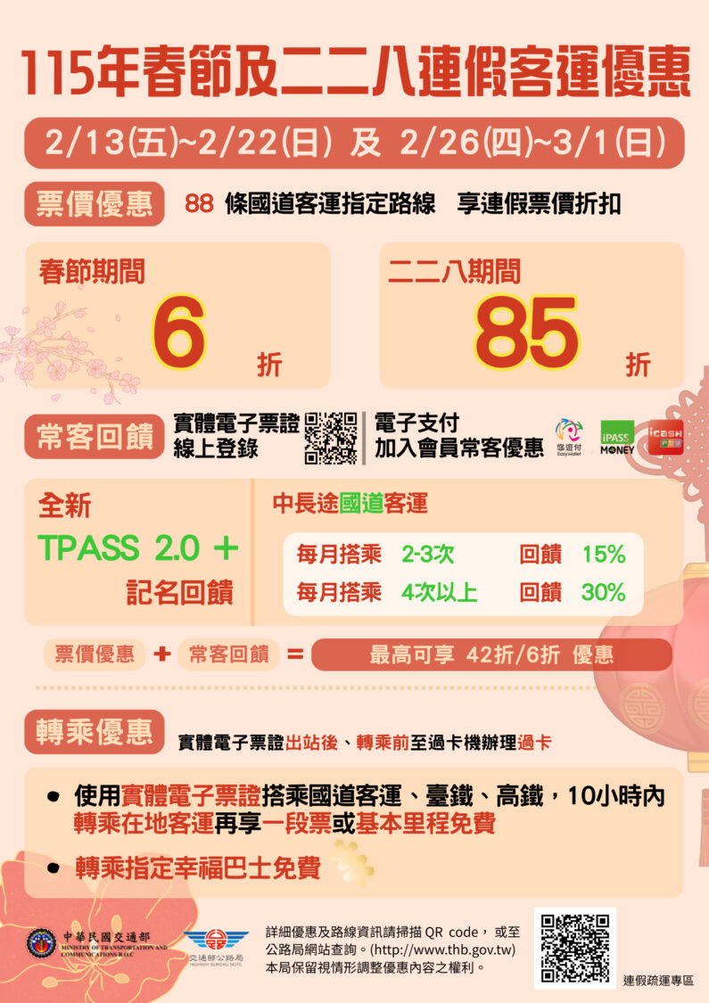 春節連假搭乘公共運輸、幸福巴士優惠