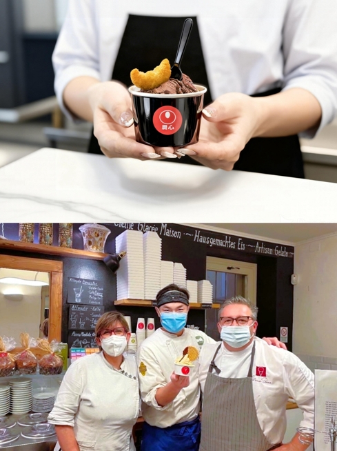 (上圖)辛辣可可創義冰淇淋口感口感層層交織微麻微苦微辣。(下圖)Crazi Gelato創義冰淇淋主廚peter(中) 承襲義大利大師Marco技藝。圖/農心提供