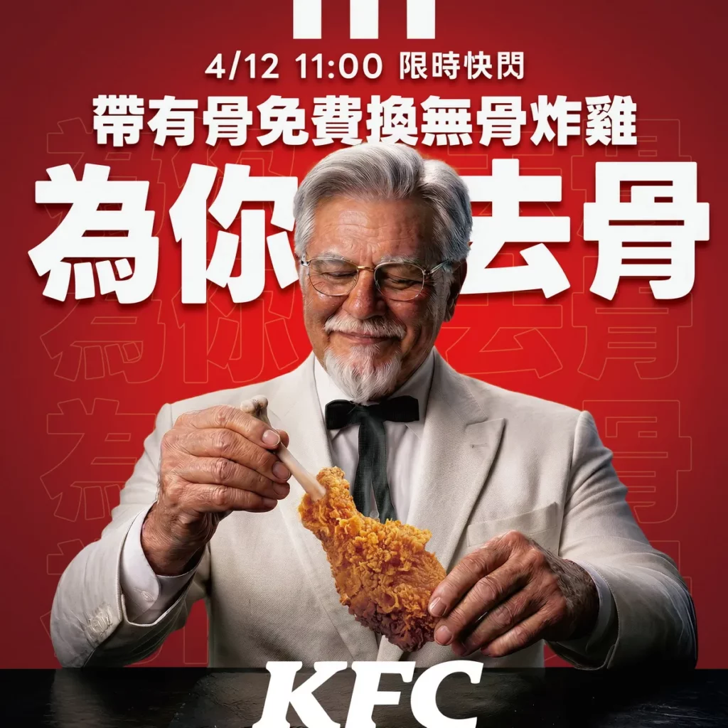 肯德基邀請全台消費者於 4 月 12 日上午 11:00 至 12:00，於全台六都精選 17 間門市參與「為你去骨」實體快閃活動，限時搶先體驗全新「爆脆無骨雞腿霸」。