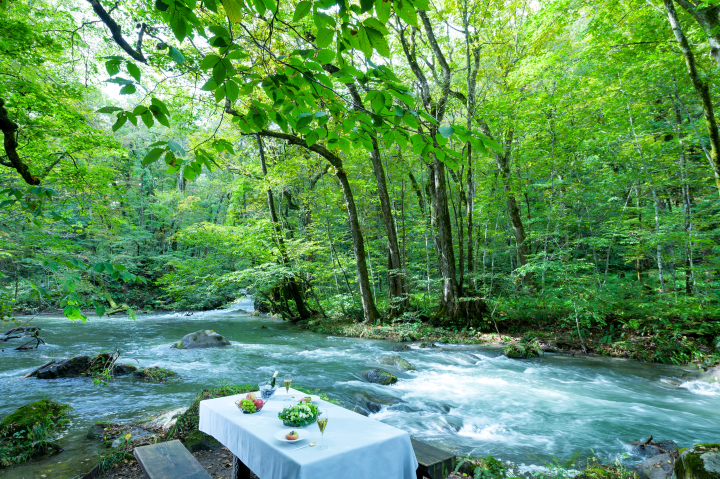 在夏季平均氣溫約21度的奧入瀨溪流畔,旅客能一邊感受大自然的清涼微風,一邊品嚐香檳。【※ 禁止酒駕;飲酒過量,害人害己。】 圖:星野集團/提供
