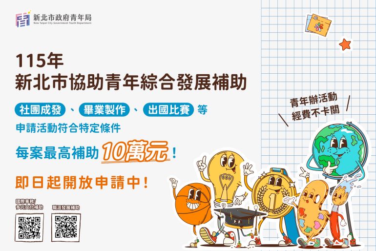 力挺多元發展圓夢 新北青年補助最高10萬元 54 《圖說》新北市青年局推出「新北市政府協助青年綜合發展補助」,用實際資源力挺青年將想法變成行動,即日起開放申請。〈青年局提供〉