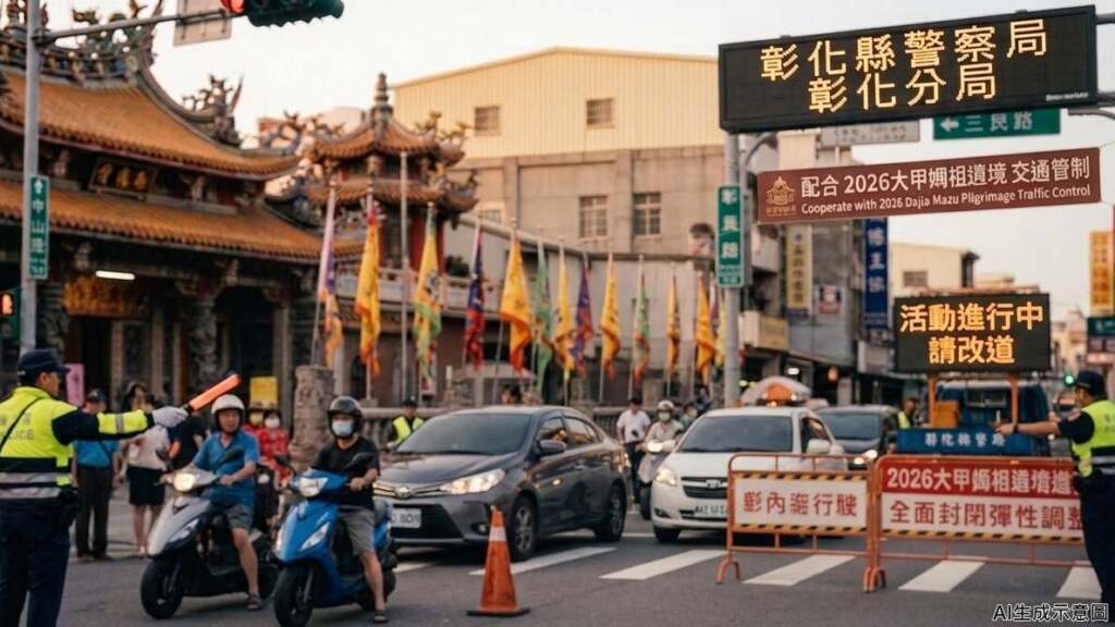 ▲大甲媽祖遶境4/18抵彰化,市區多路段交通管制用路人請提前改道。(AI生成示意圖)