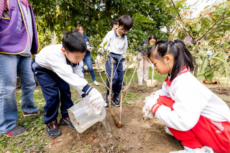 公私協力打造永續綠未來 北臺八縣市攜手種下百萬棵樹有成 38 《圖說》板橋區大觀國小學童參與校園植樹。〈農業局提供〉