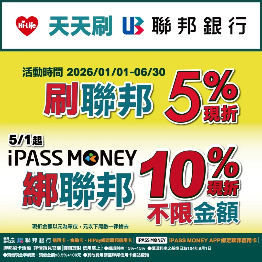 全台萊爾富門市使用iPASS MONEY APP並綁定聯邦銀行信用卡付款，即可享不限金額現折10%（部分品項除外）
