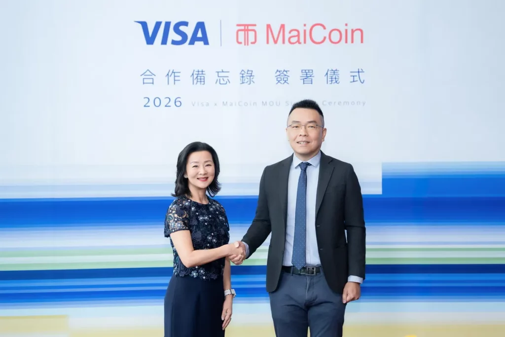 全球領先的數位支付公司 Visa 宣佈，與台灣數位資產領導品牌 MaiCoin 集團簽署 MOU，正式啟動策略合作。（由左至右：Visa 大中華區總裁張文翊與 MaiCoin 集團創辦人暨董事長劉世偉合影）。
