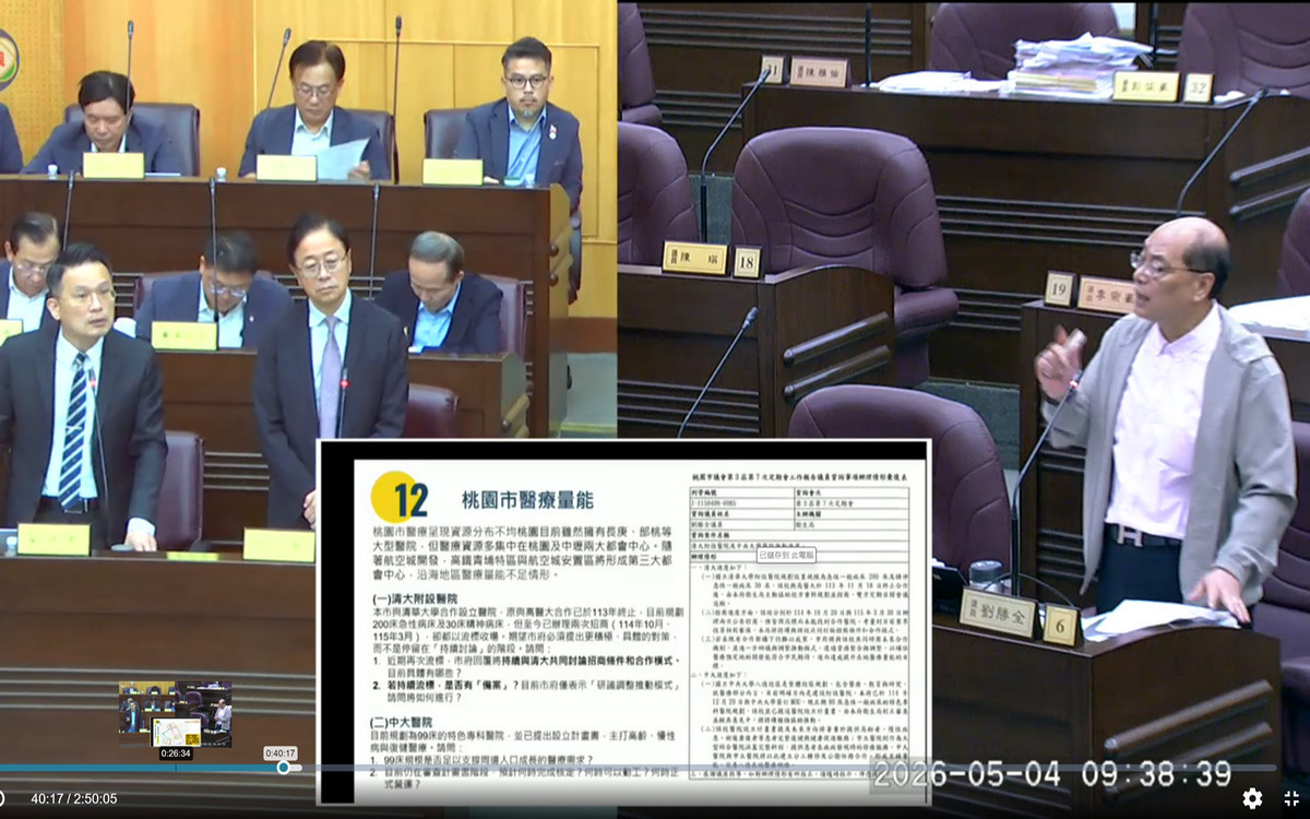 針對蘆竹交通環境與基礎建設,桃園市議員劉勝全質詢桃園市長張善政、副市長蘇俊賓。<br /><br />