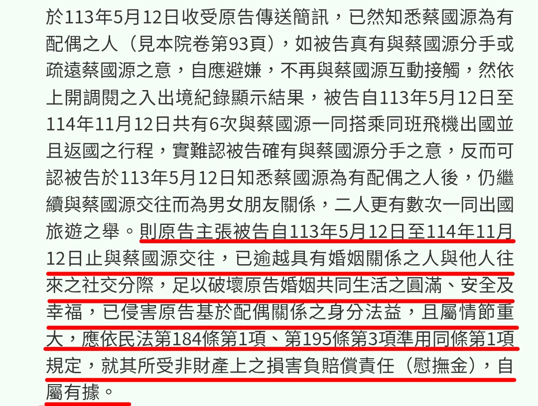 法院認定,兩人往來已逾越一般社交分際,侵害蔡妻配偶權。(圖/記者 趙靜姸翻攝)