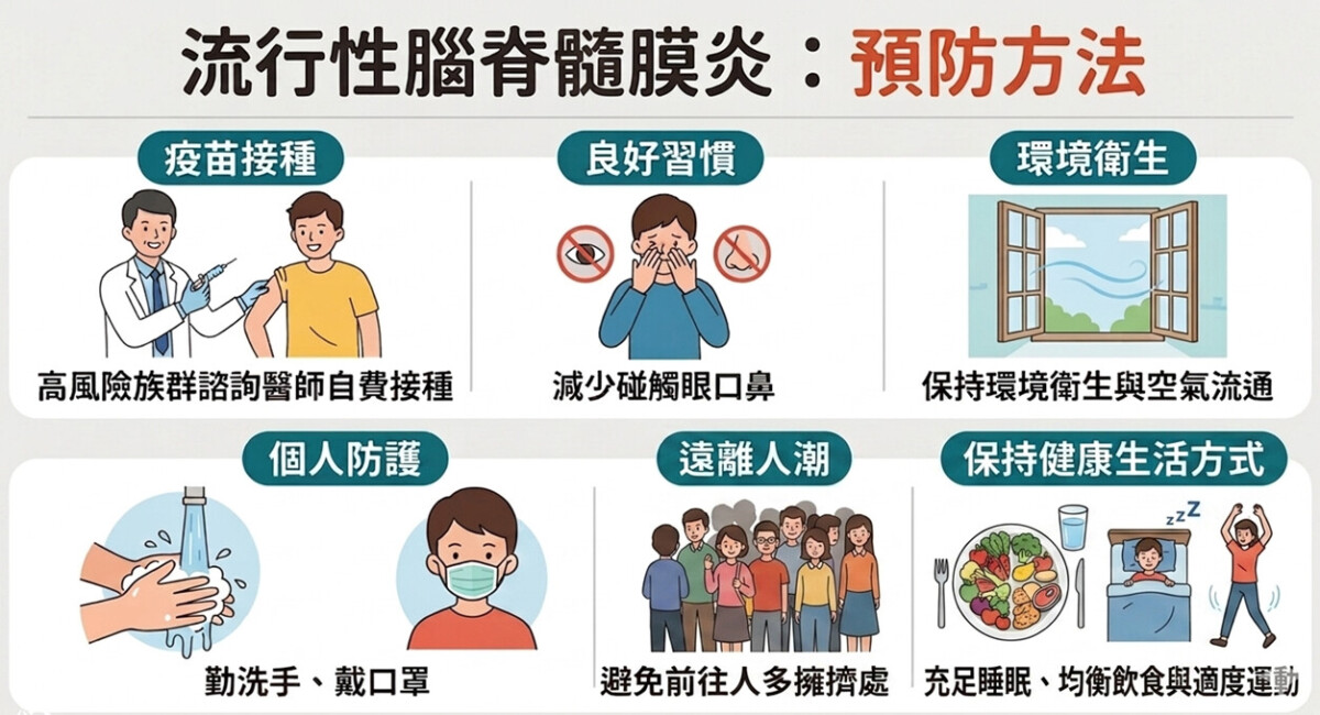 ▲流行性腦脊髓膜炎預防方法圖卡。(圖/中市府提供)