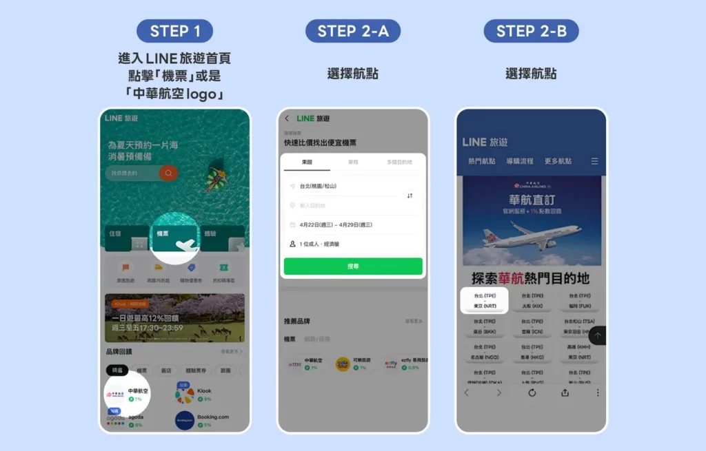 LINE 旅遊用戶可在平台上直接選擇中華航空的航點與機票