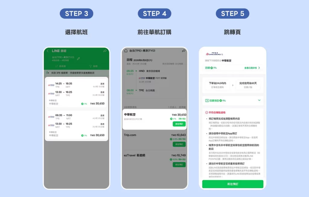 LINE 旅遊用戶可在平台上直接選擇中華航空的航點與機票