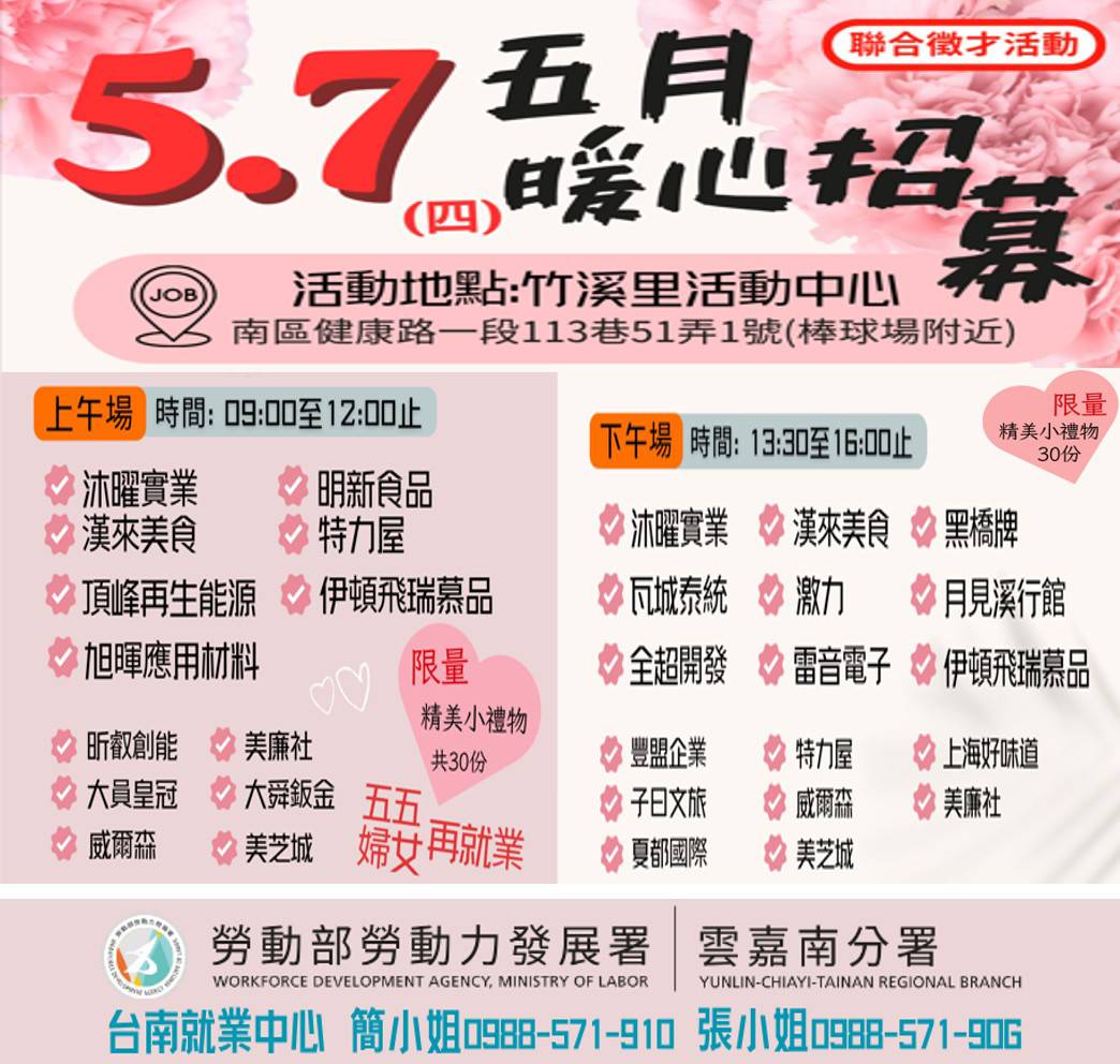 ▲台南就業中心5月7日上午、下午場徵才，請找工作的朋友踴躍參加面試。