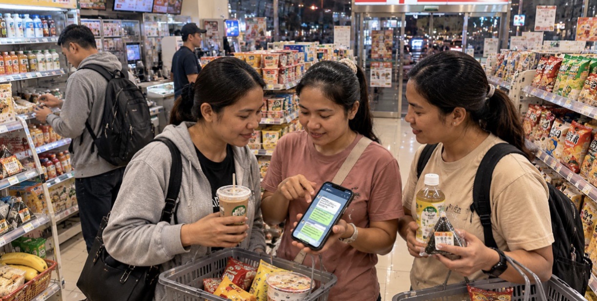  外籍移工在台灣便利商店透過手機翻譯溝通工具，移工能更容易理解商品資訊，不會買錯東西。(圖/業者 提供)