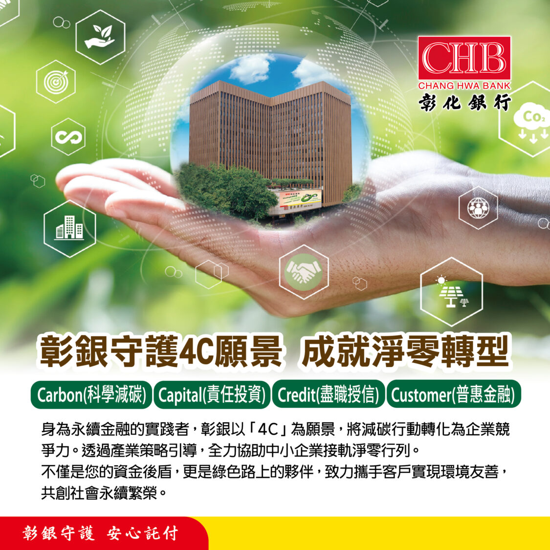 彰銀守護4C願景,ESG表現再獲國際肯定。(圖/彰化銀行提供)