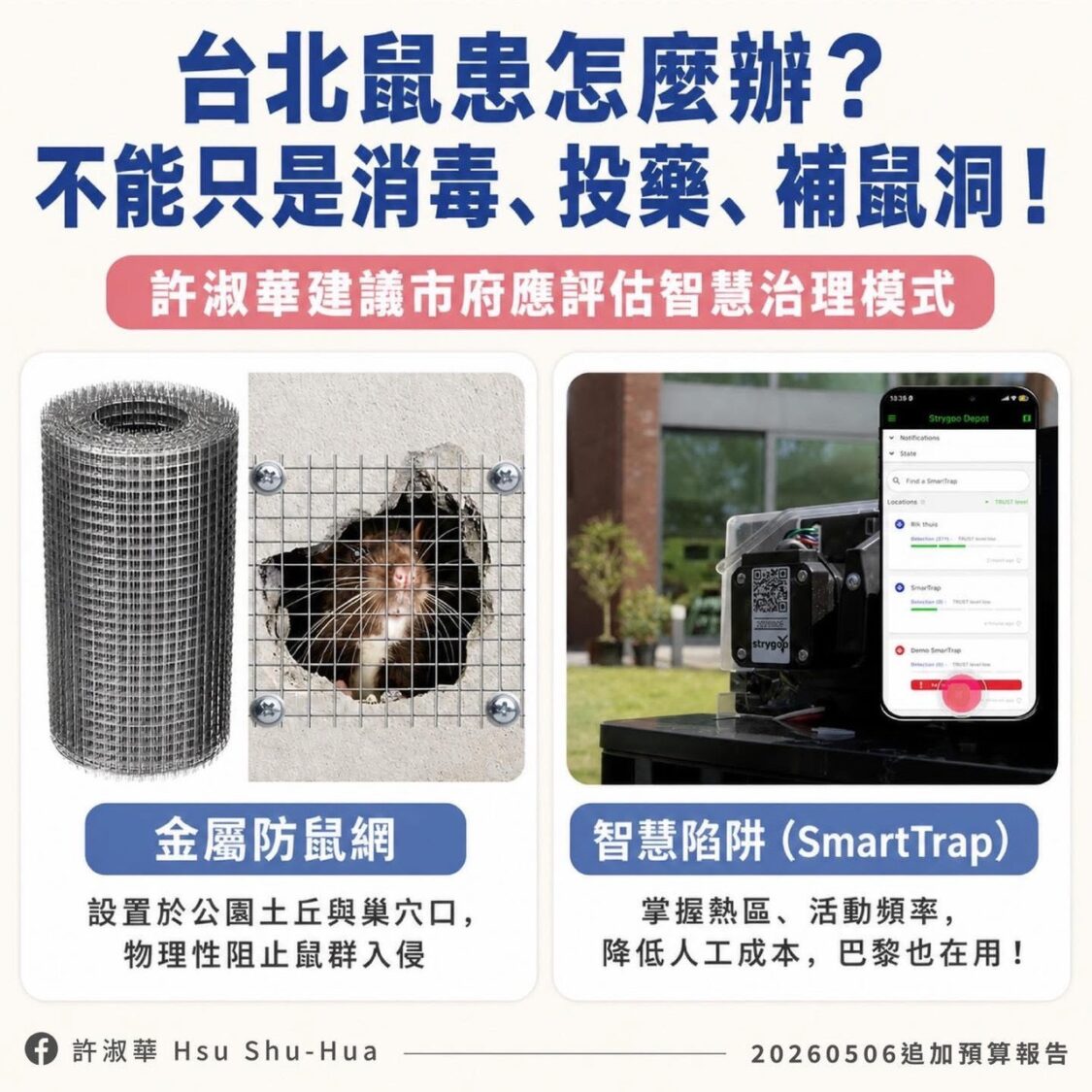 台北市議員許淑華呼籲市府評估智慧治理解決鼠患。(圖/許淑華辦公室提供)