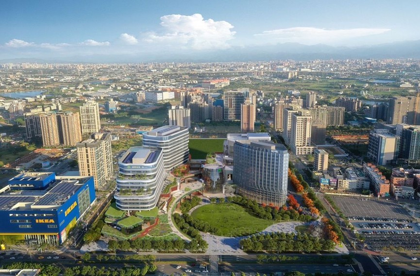 桃園高鐵站前複合開發案完工模擬示意圖,整體建築量體以現代玻璃帷幕與垂直立面設計呈現,結合商辦與公共空間規劃,展現站前門戶新地標意象。(模擬示意圖/中昕金屬股份有限公司)