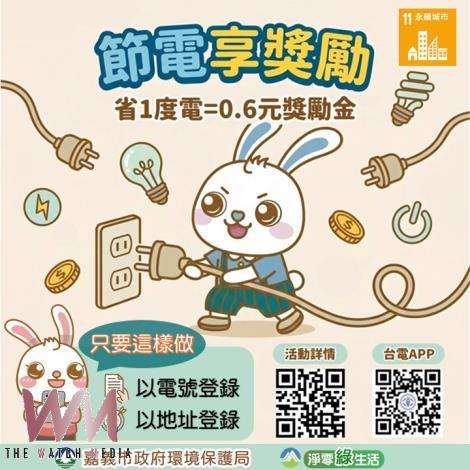 嘉義市政府環境保護局提醒民眾在節能的同時還能省電、省錢又賺獎勵金。(圖/嘉義市政府提供)
