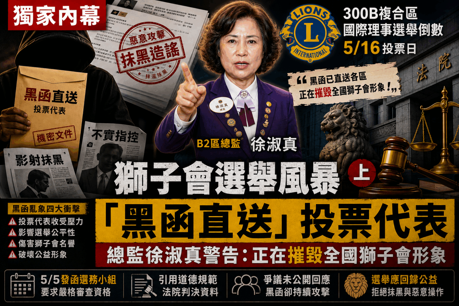 國際獅子會300B複合區黑函風暴 國際獅子會300 B2區總監徐淑真公開發聲,質疑近期大量黑函直接寄送各區正代表,已對選舉公平與獅子會形象造成嚴重衝擊,引發獅友圈高度關注。(圖/警政時報專案組Ai示意圖)