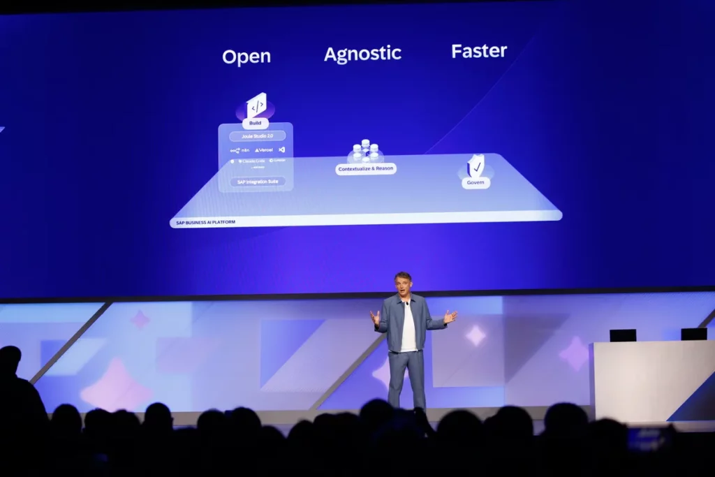 SAP 商業 AI 平台(SAP Business AI Platform)涵蓋從開發到治理的核心架構,並透過 Joule Studio 提供企業安全、可擴展的企業級託管執行環境。