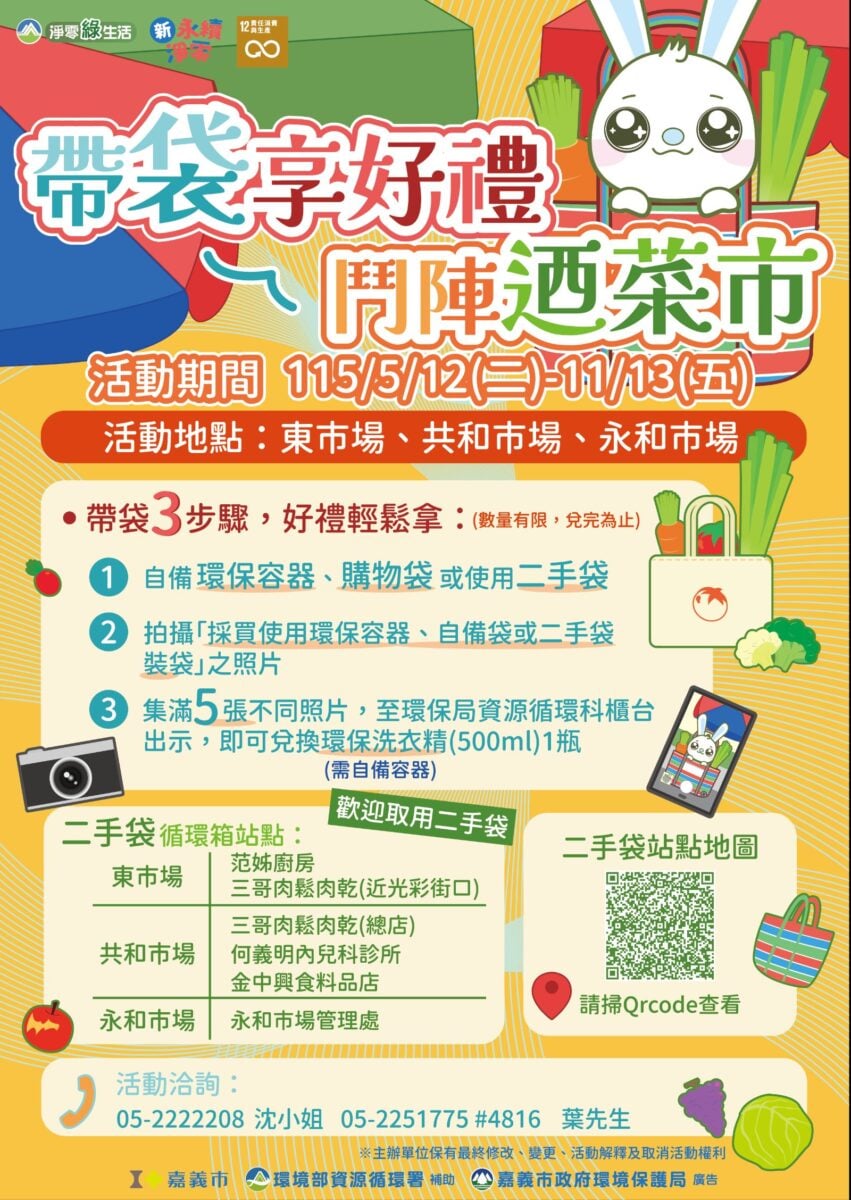 ▲嘉義市環局推「帶袋享好禮」活動，鼓勵民眾自備購物袋，鬥陣迺菜市袋享好禮。（圖：劉芳妃攝）