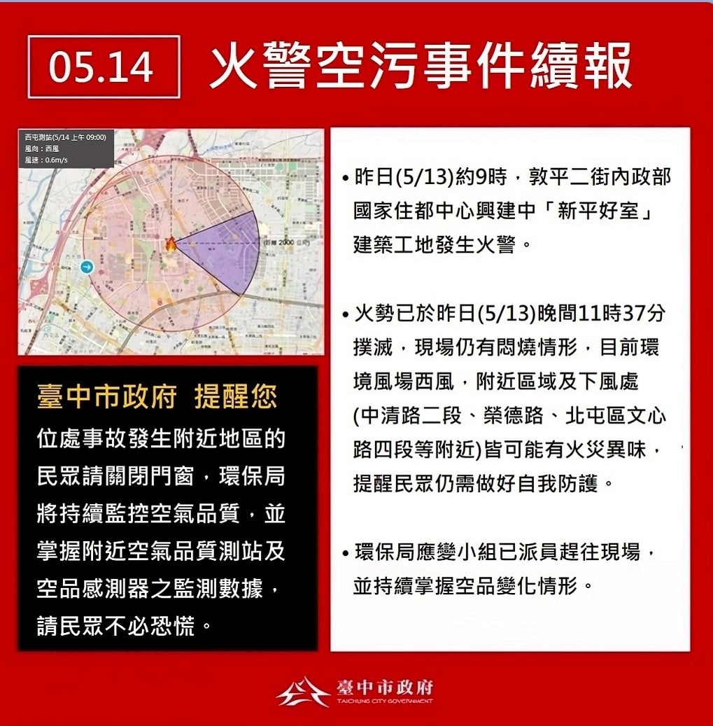 ▲工地火警事件,目前相關單位持續進行現場清理及安全維護作業,部分路段將封閉至今(14)日18時,提醒民眾改道、避免行經該處。(記者廖美雅翻攝)