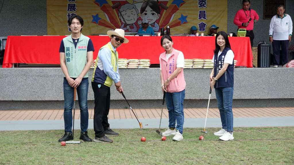 ▲林世賢市長偕帀位市長參選人温芝樺與黃柏瑜一起主持槌球錦標賽開球儀式。(圖/記者林明佑攝)