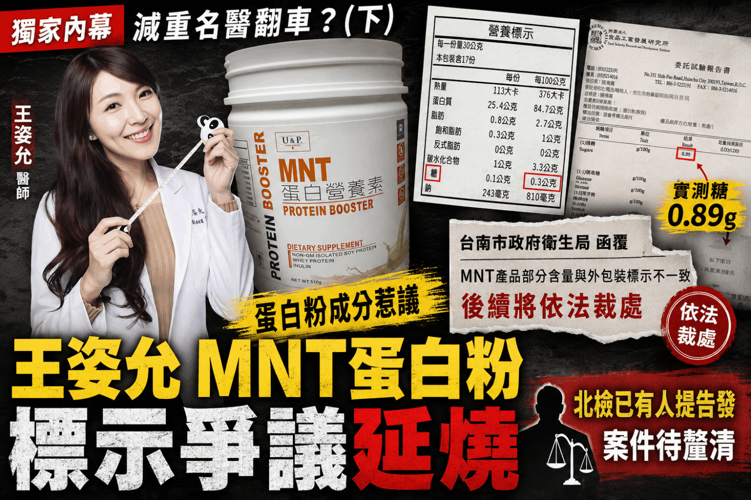 減重名醫翻車?王姿允MNT蛋白粉成分惹議,衛生局函覆「依法裁處」。(圖/警政時報製圖、讀者提供)