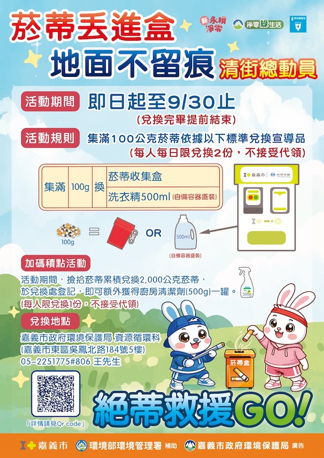 嘉義市政府為延續地球日環保行動，即起至9月30日止，推出「撿菸蒂換好禮」活動。（圖/嘉義市政府提供）