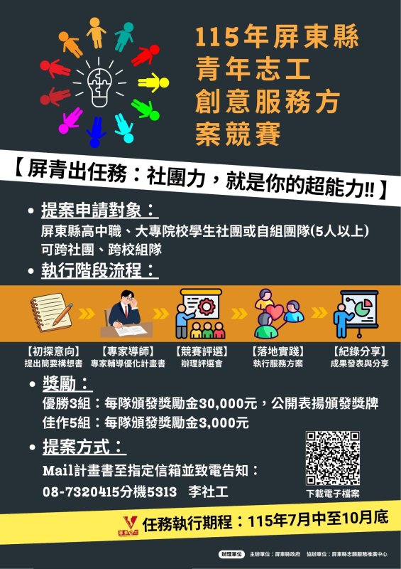 屏東縣「青年志工創意服務競賽」最高獎金3萬元 邀請學子熱血挑戰