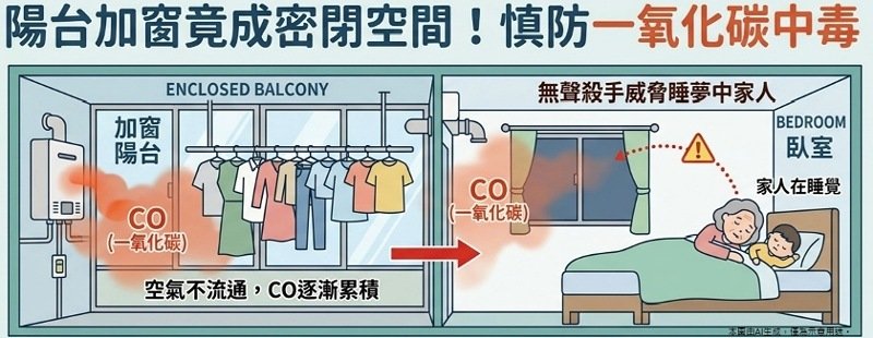 陽台加窗恐成隱形危機 新竹臺大分院籲防範一氧化碳「無聲殺手」