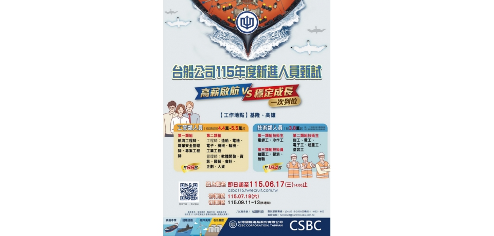 台船公司115年度招募283名生力軍 起薪最高 55,000元 歡迎加入台船大家庭