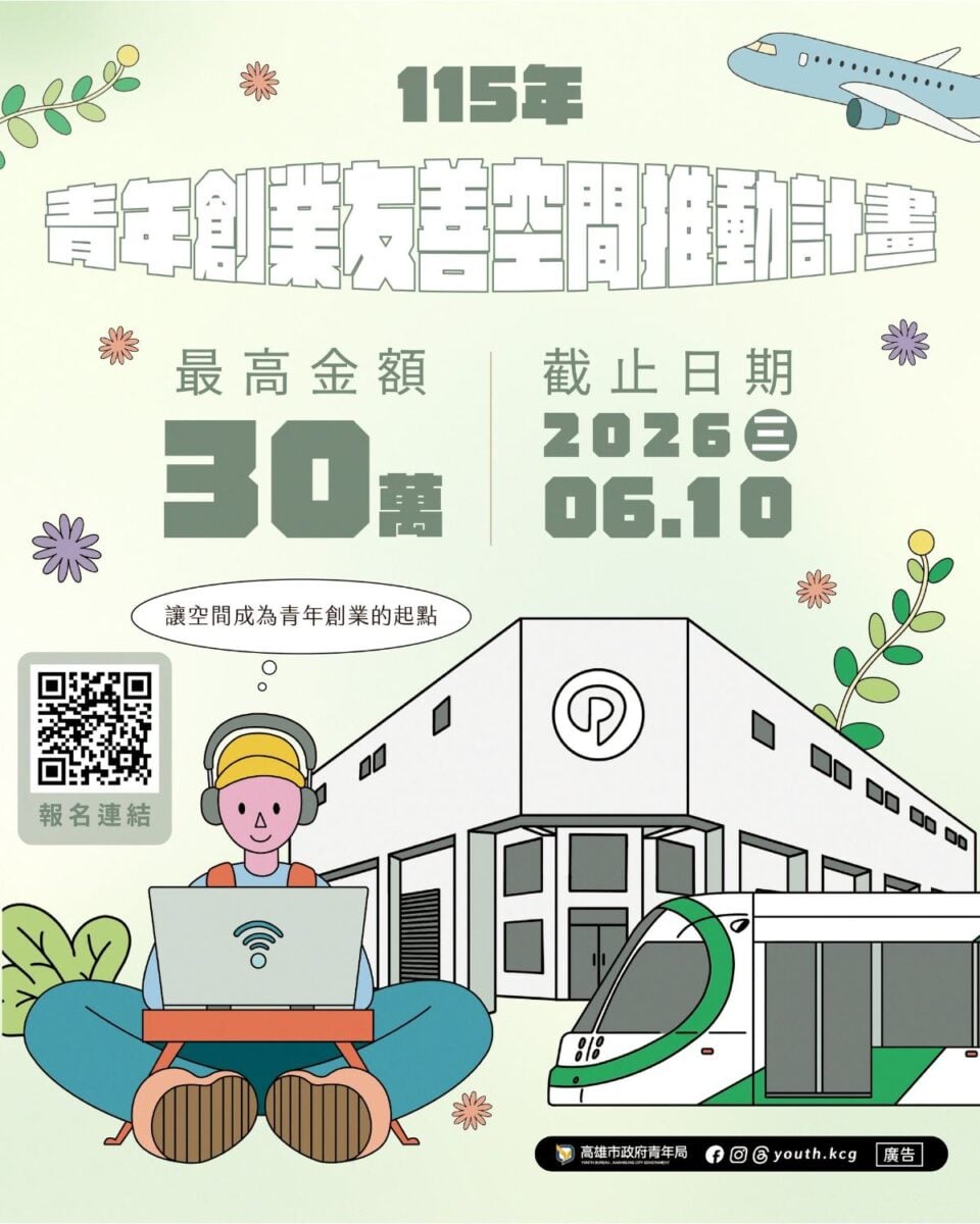 ▲「115年高雄市青年創業友善空間推動計畫」正式啟動，受理時間自即日起至6月10日17時截止，並祭出最高30萬元輔導經費，廣邀具備實體場域與創業服務能量的空間業者，攜手共築高雄青年創業支持網絡。