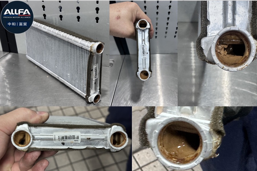 車主反應車輛行駛時副水箱水溢出。經檢查,這是因為熱水箱阻塞導致熱水無法正常回流,致使溫度開關無法正確感應系統溫度、冷卻系統異常壓力,最終導致水箱水溢出。圖/ALLFA 中和富貿汽車