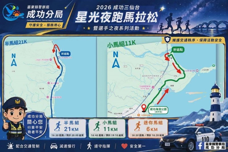 「2026成功三仙台星光夜跑馬拉松」 成功警巳做好萬全準備確保賽事順利！