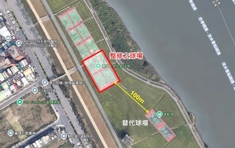 重陽籃球場改善工程6/1動工 部分封閉120天預計10月完工 54 《圖說》整修之球場位置及周圍替代球場相對位置。〈高灘處提供〉