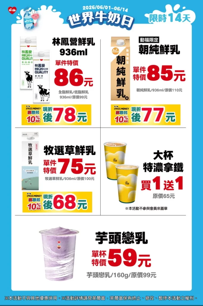 萊爾富世界牛奶日優惠開跑 大杯特濃拿鐵買1送1 果C果昔59元開喝