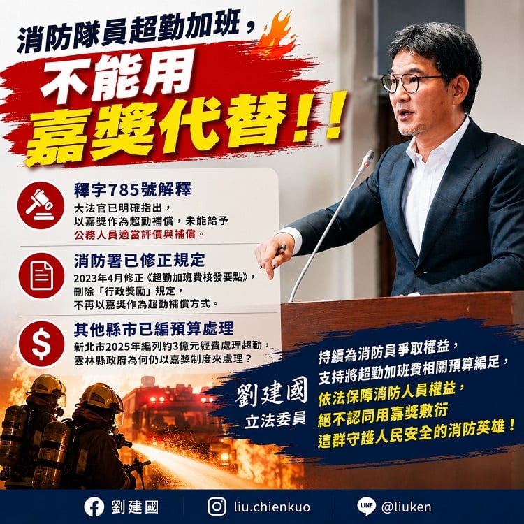 ▲消防隊員超勤加班,不能用嘉獎代替!劉建國:加班就是加班,相關補償應依法辦理。(記者劉峻文攝)