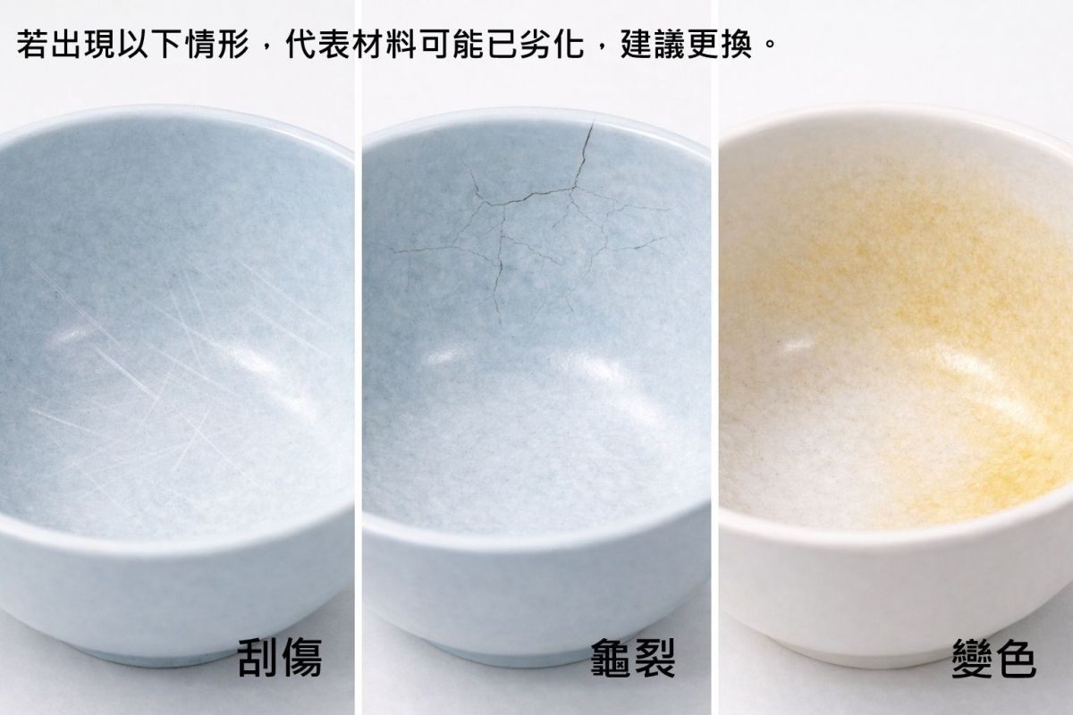 圖/美耐皿汰換:出現刮傷、變色,請立即更換。(中興大學周志輝教授提供)