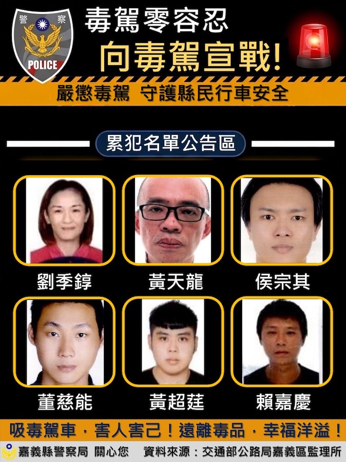 嘉義縣警察局為維國人交通安全，對毒駕零容忍的宣戰，並公佈十年內有二次毒駕照片。（圖/嘉義縣警察局提供）
