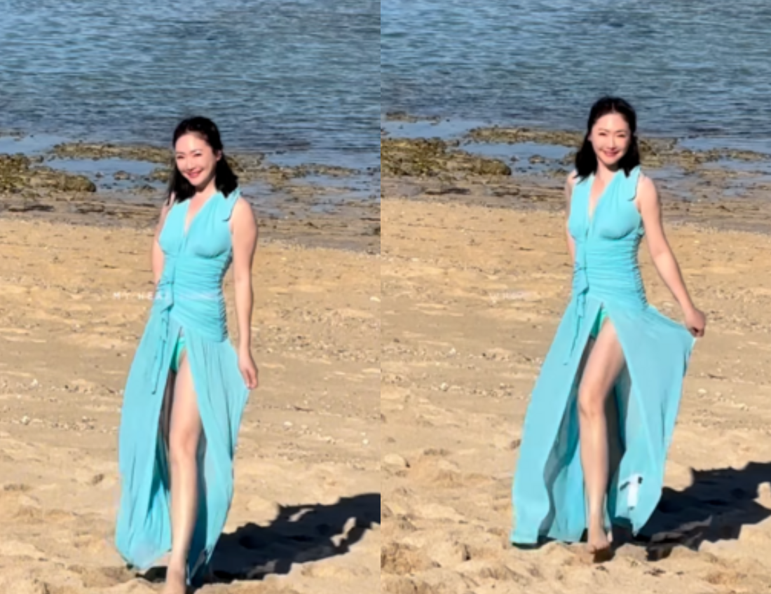 王俐人第一次到峇里島,穿上高衩泳裝。(圖/翻攝王俐人IG)