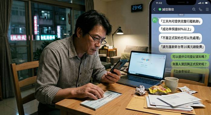 ▲上網尋求徵信調查卻誤入詐騙,因警覺對方迴避提供正式契約與公司資料,成功攔阻10萬元損失。(圖 / AI生成示意)