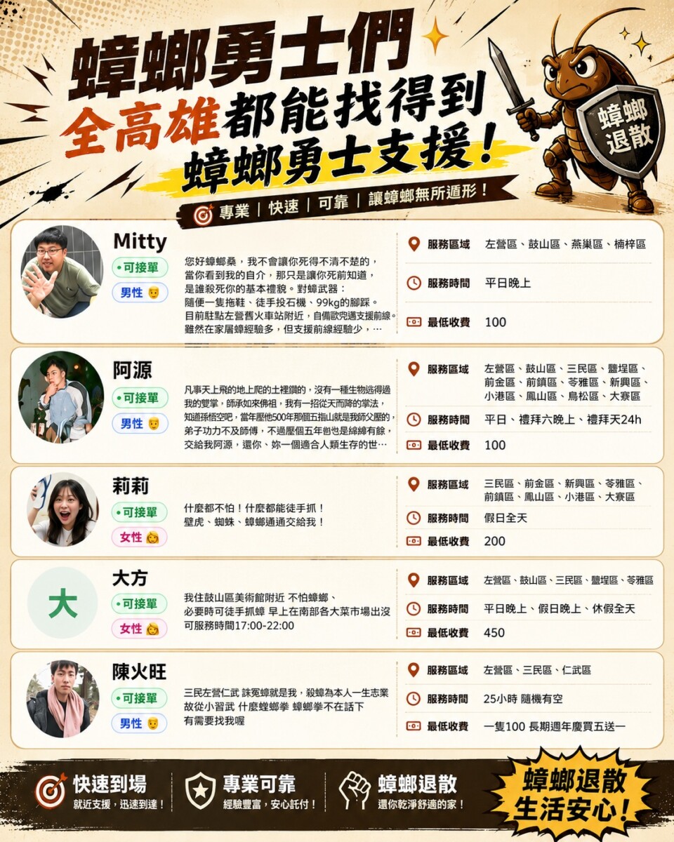 怕蟑螂的朋友們不用擔心,在平台上有勇士可以幫助滅蟑。(圖 / 顧崇德 @unflincc Threads 翻攝)