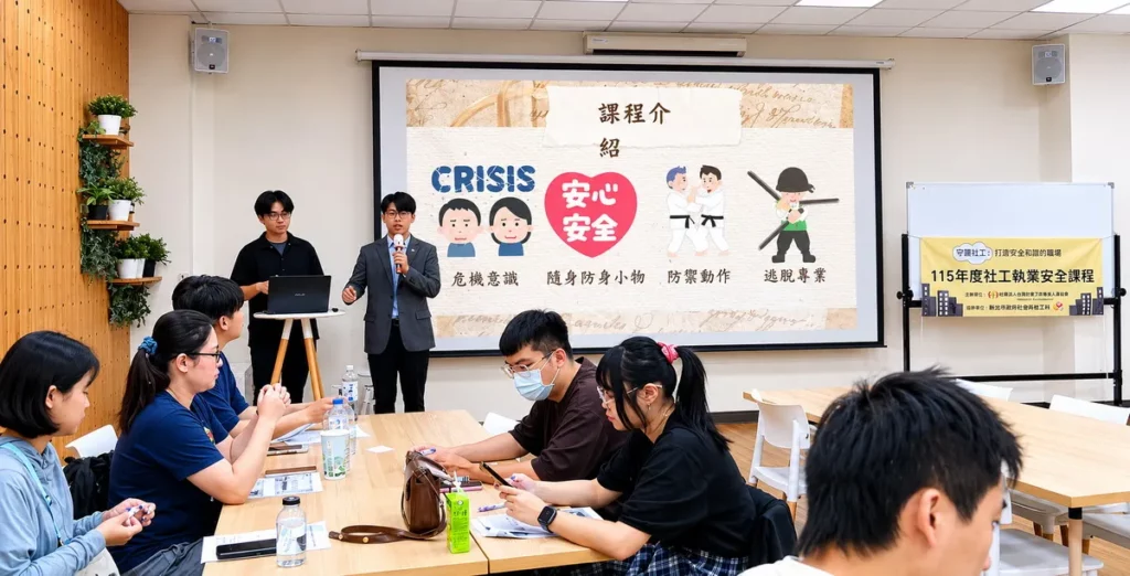 臺南市政府社會局人身安全講師王秋閔與助教鄧進賢教授社工人身安全課程。