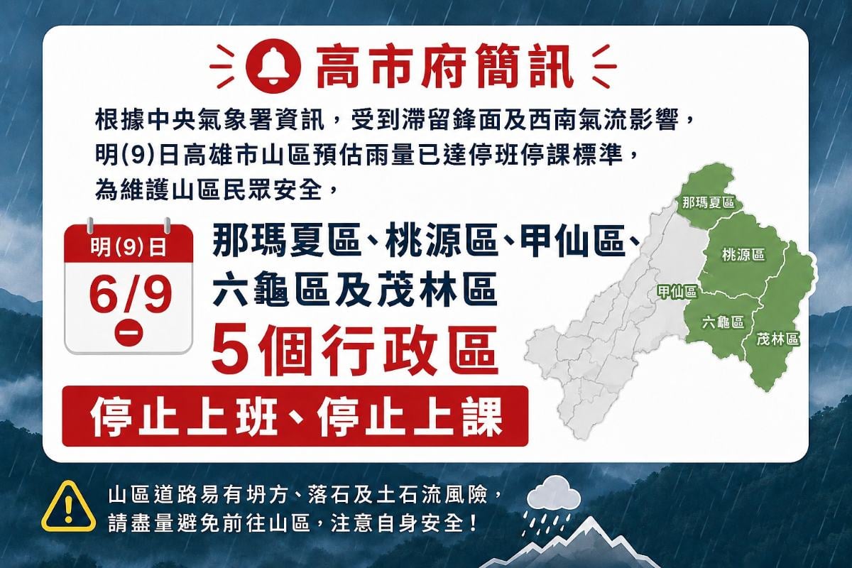 ▲豪雨來襲！高雄宣布5山區明停班停課，防坍方土石流。