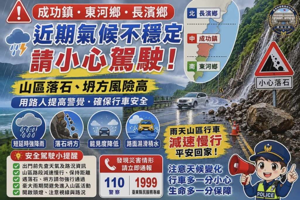 ∆∆成功分局提醒,近期正值梅雨旺盛期,天候變化快速,民眾出門前應先留意最新氣象資訊及道路通行情形。(圖/成功警分局提供)