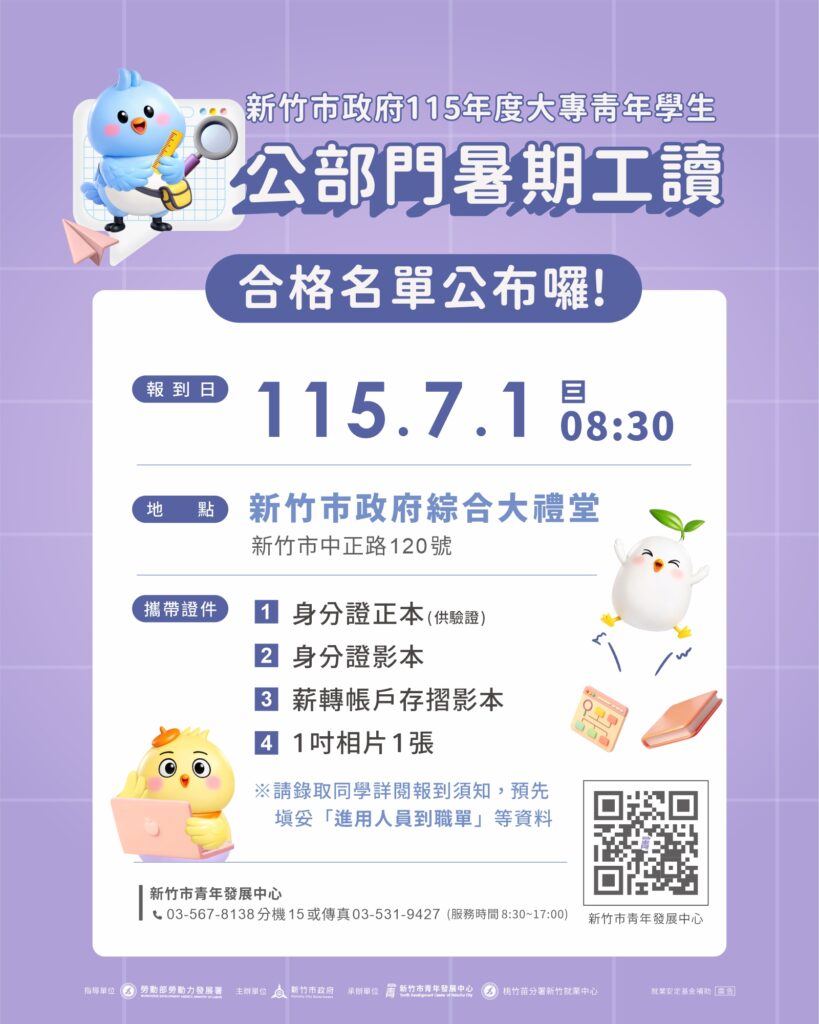 竹市府公布暑期工讀錄取名單 103位青年學子7/1體驗公部門職場 18 115061232