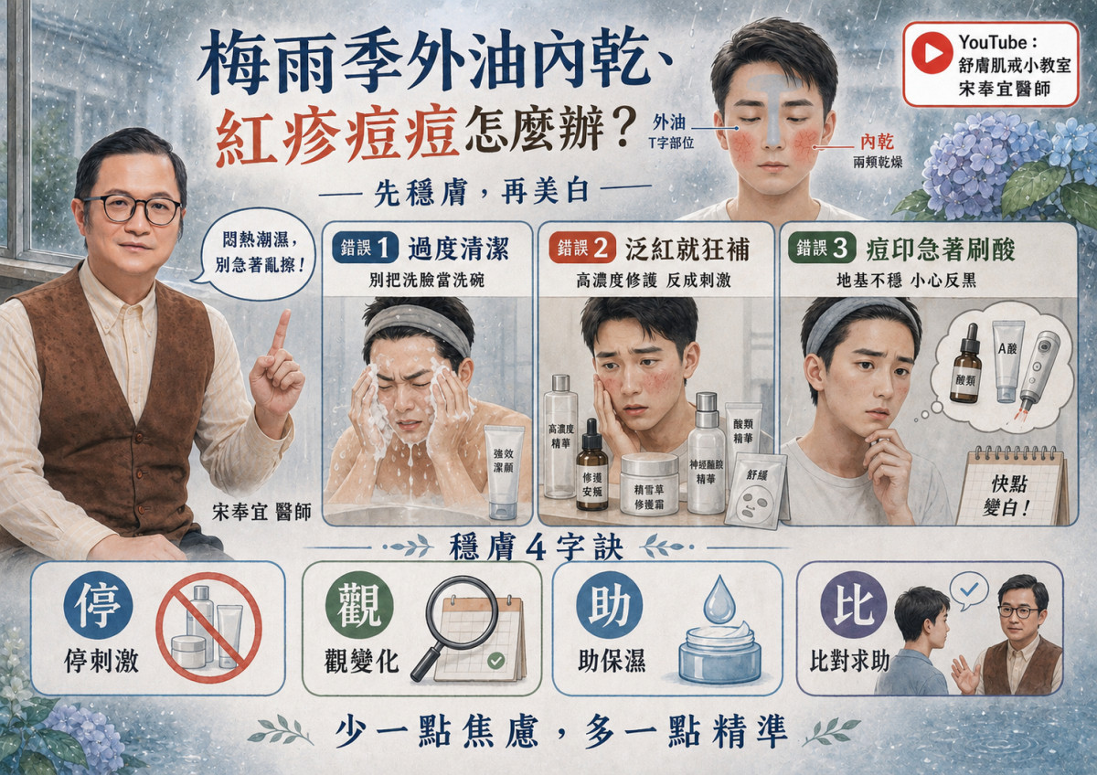 梅雨季外油內乾、紅疹痘痘怎麼辦？皮膚科醫師提醒3個保養錯誤，敏感肌先穩膚再美白。