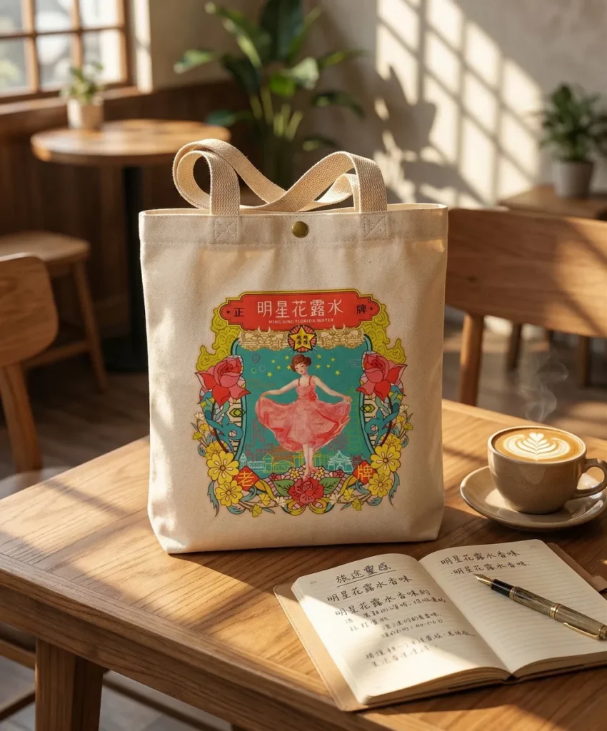 明星花露水經典粉紅小女孩IP化身為生活單品，帆布肩背提袋簡約文青的設計，可自由調整揹法，展示台式新復古品味。