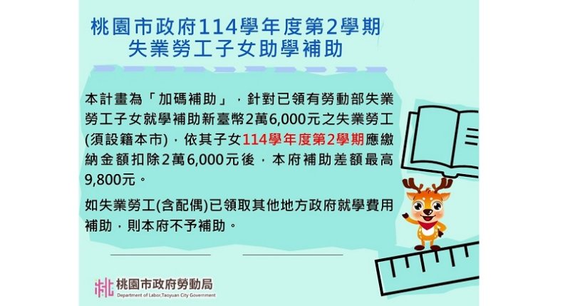 桃園市114學年度第2學期「失業勞工子女助學補助」開跑囉