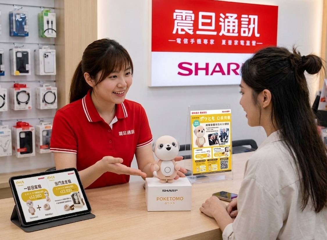 ▲全台首批SHARP陪伴機器人「Poketomo口袋同萌」，6/20起在震旦通訊全台55家門市實機體驗開跑，吸引許多銀髮族、獨居者、上班族、喜愛科技產品民眾的目光，勢將成為最新的療癒新寵。（圖╱震旦通訊 提供）