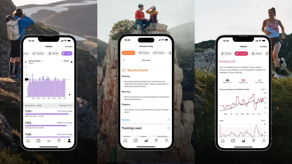 Suunto APP 提供睡眠監測、Suunto Coach、運動數據追蹤等功能(由左至右)